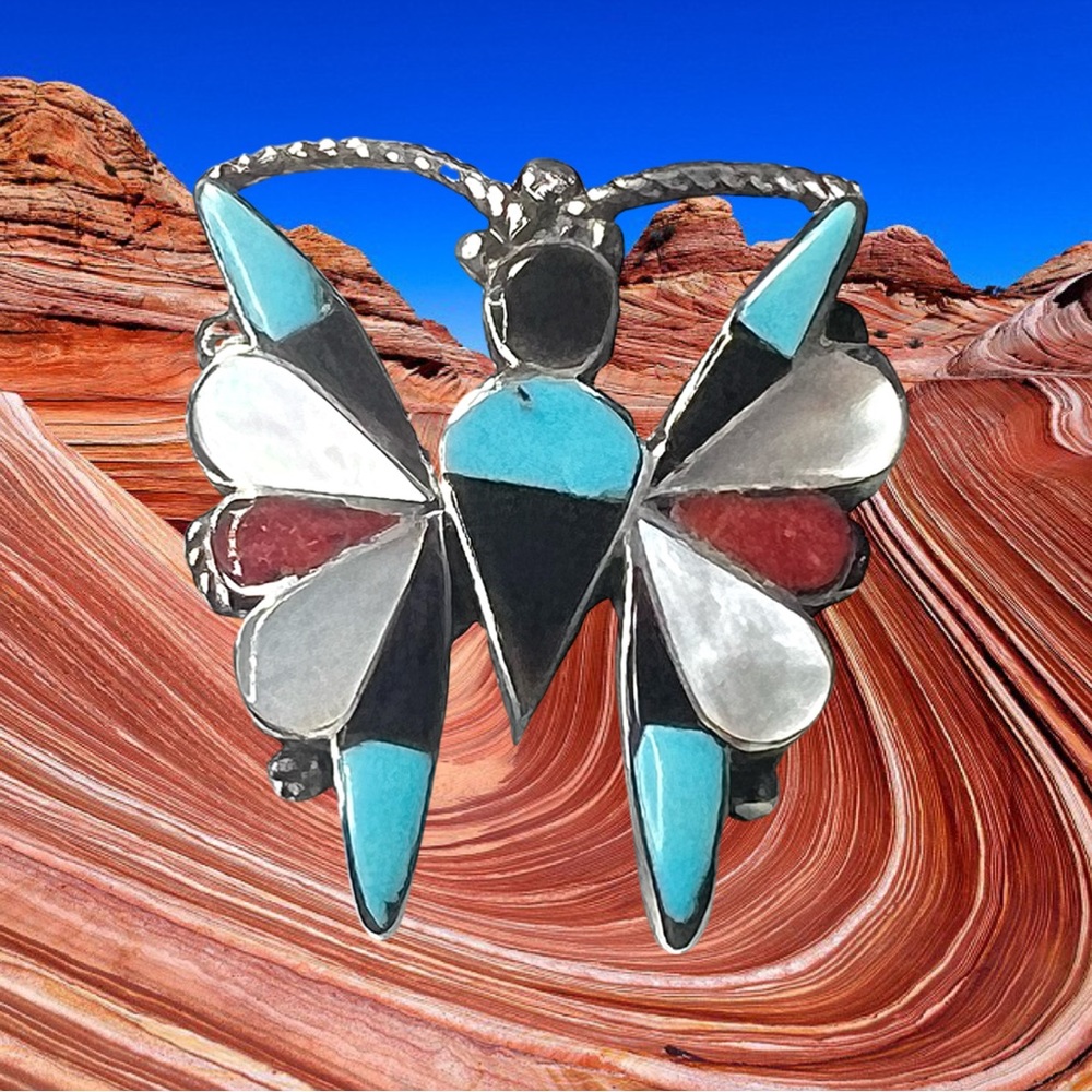 Zuni D Qualo Sterling Silver Zuni Inlay Butterfly Pin Pendant 1 1/8